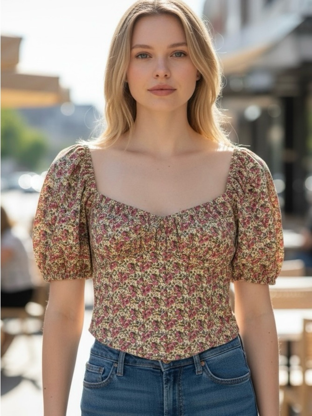 Astr Floral Blouse with Puff short Sleeves